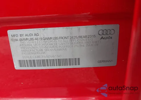 2005 Audi A4 1.8T/1.8T Special Edition from USA, damaged, VIN WAULC68E35A056150